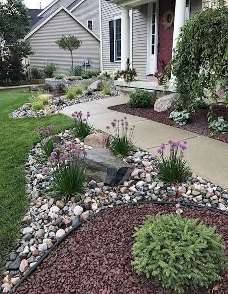 Landscaping Ideas for Front of House, pebbles, bordering, bushes, half circle, concrete walkway, concrete pathway