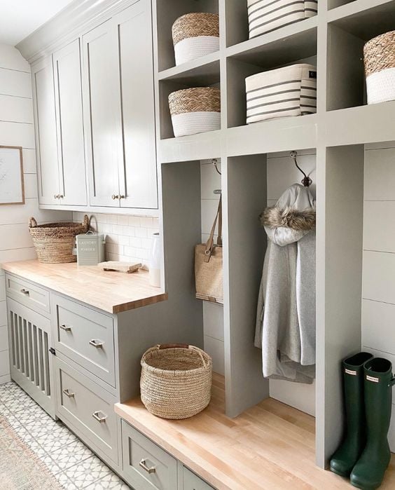 39 Tips to Decorate a Mudroom on a Budget;  open shelving, baskets, countertop