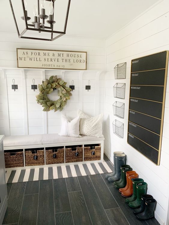 39 Tips to Decorate a Mudroom on a Budget; Learn how to transform your mudroom into a warm and inviting space that you will love! mail organization, chalkboard calendar, bench, word art