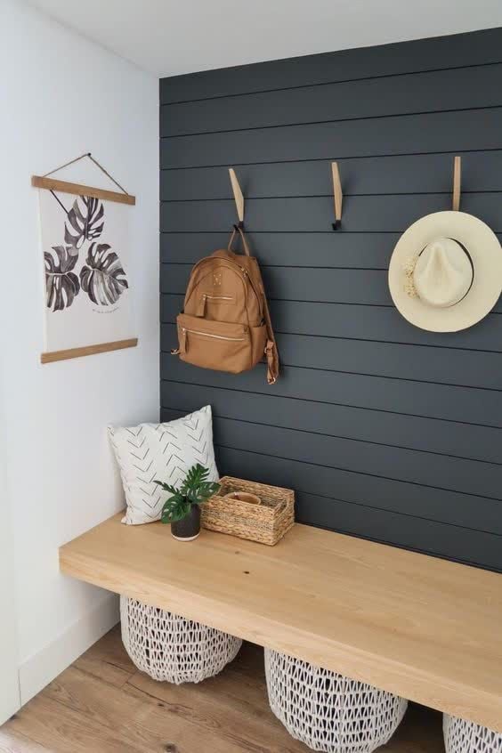 39 Tips to Decorate a Mudroom on a Budget; Learn how to transform your mudroom into a warm and inviting space that you will love! charging station, electronic zone - shiplap, bench, white baskets