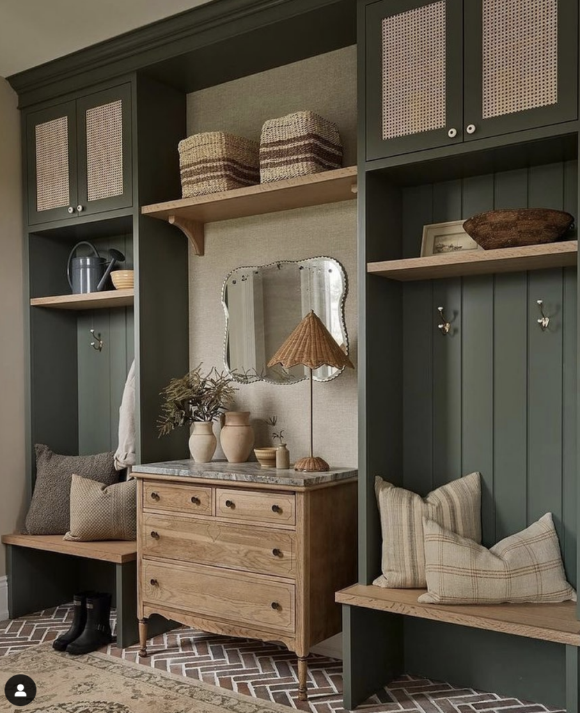 39 Tips to Decorate a Mudroom on a Budget; green mudroom, dresser, brick tile