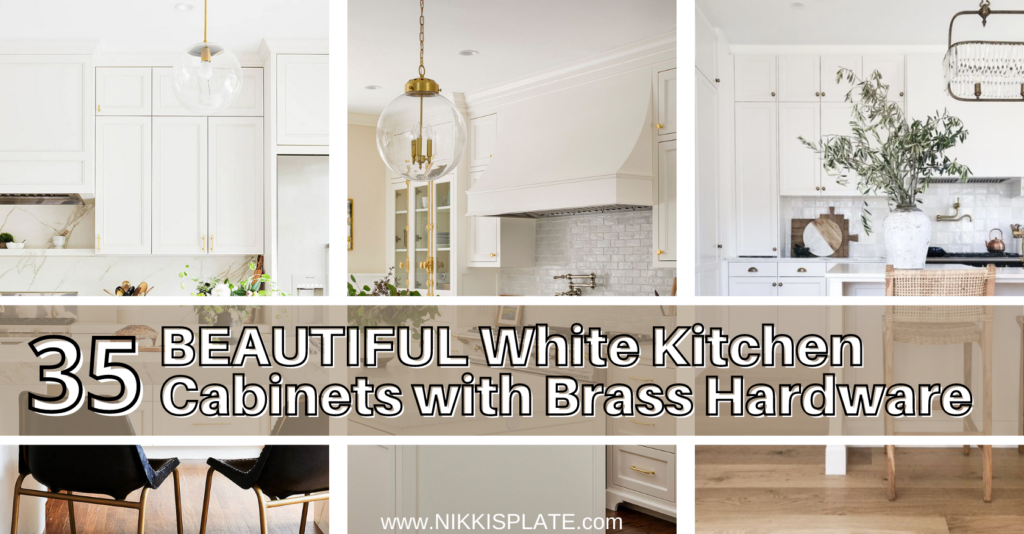 35 Beautiful White Kitchen Cabinets with Brass Hardware; Bring warmth to a bright kitchen design with these brass fixtures!