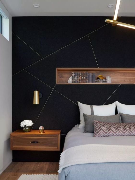 black bedroom accent wall, modern geometric wall, modern bedroom, black bedroom
