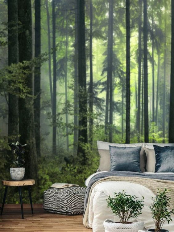 green forrest wall mural in bedroom
