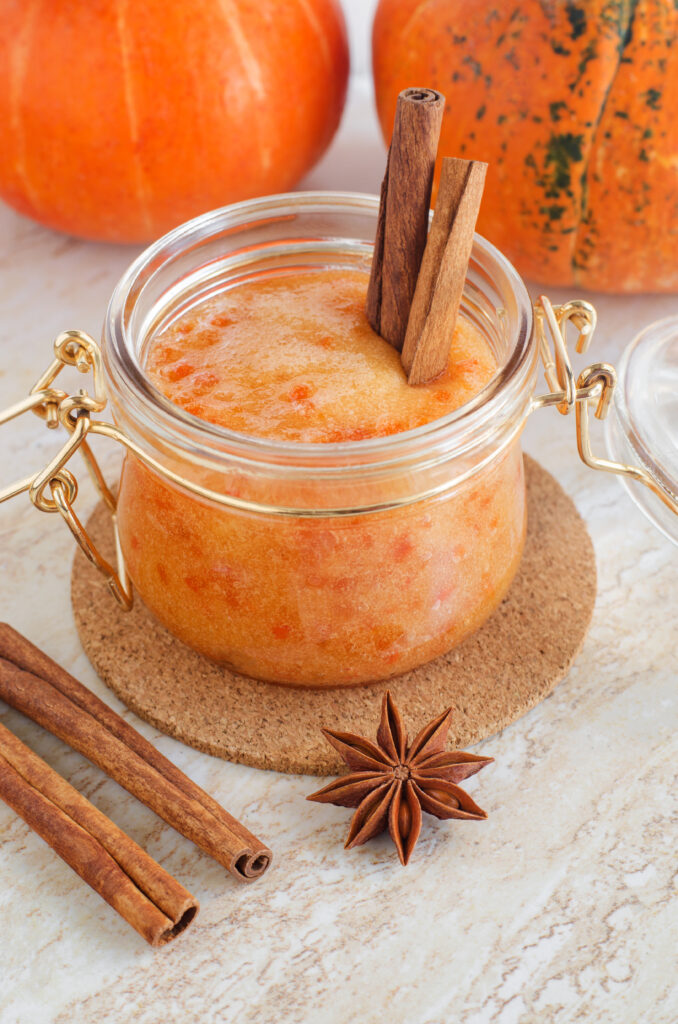 DIY Pumpkin Spice Sugar Scrub; This pumpkin sugar scrub is perfect for fall weather. Keeps your skin feeling soft and fresh with only a few natural ingredients! Easy homemade body product!