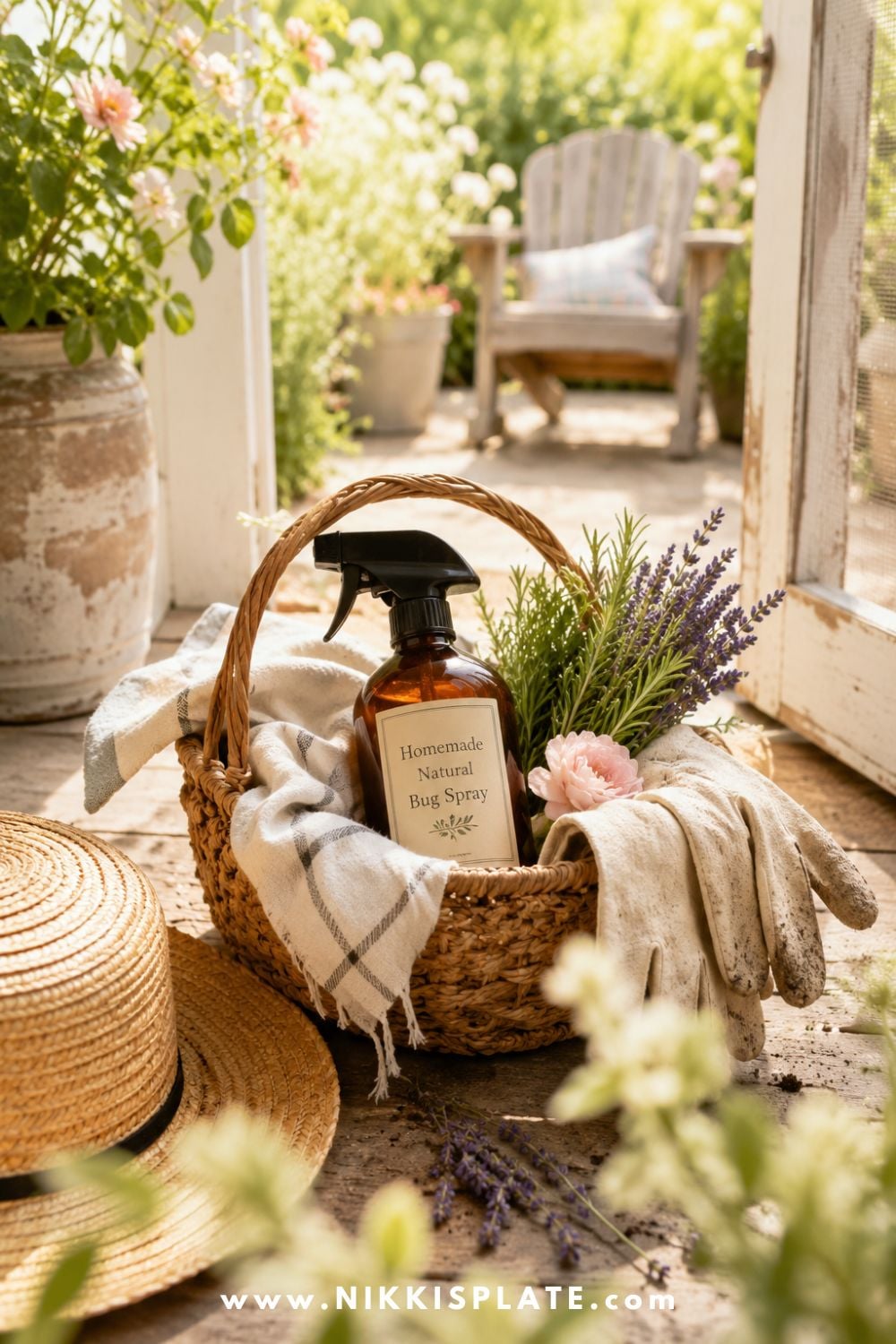 Finished DIY natural bug spray in a woven garden basket with lavender, rosemary, gardening gloves, and a linen towel.