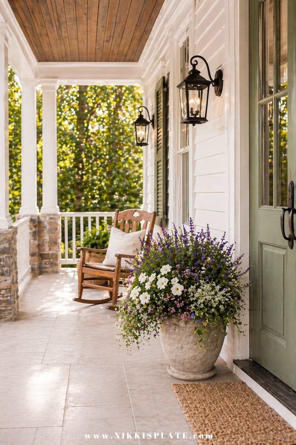 Front porch planter ideas with lavender, white flowers, and greenery in a neutral planter by a classic entryway