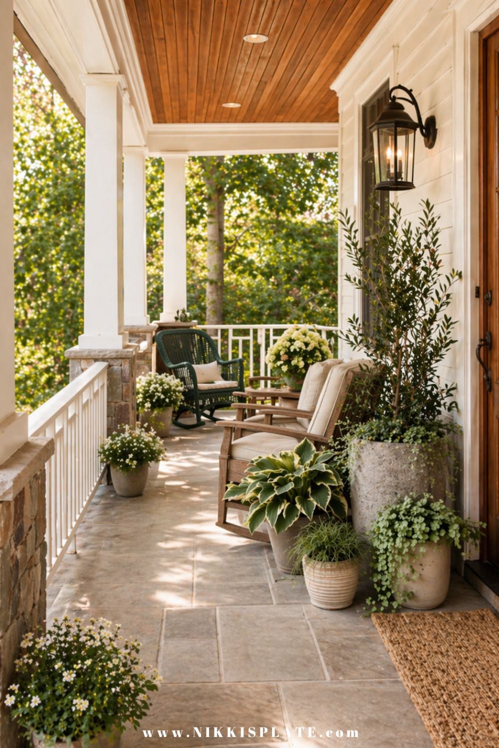 Front porch planter ideas with layered greenery, olive tree, and mixed pots creating an inviting and styled entryway