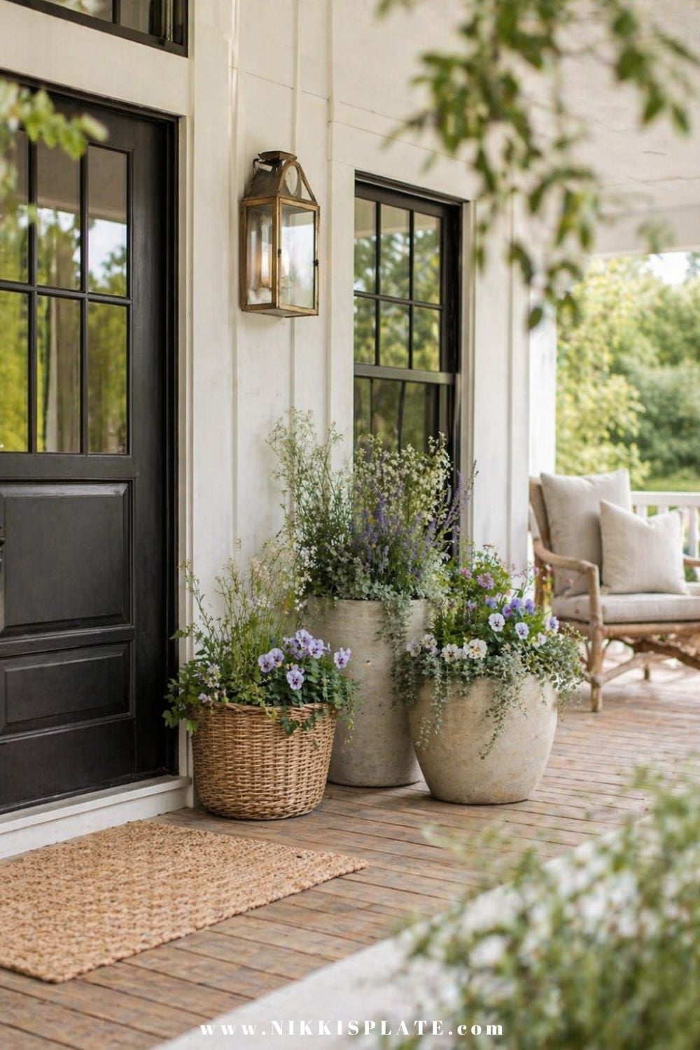 Front porch planter ideas with mixed pots including woven basket and neutral planters filled with greenery and soft purple flowers