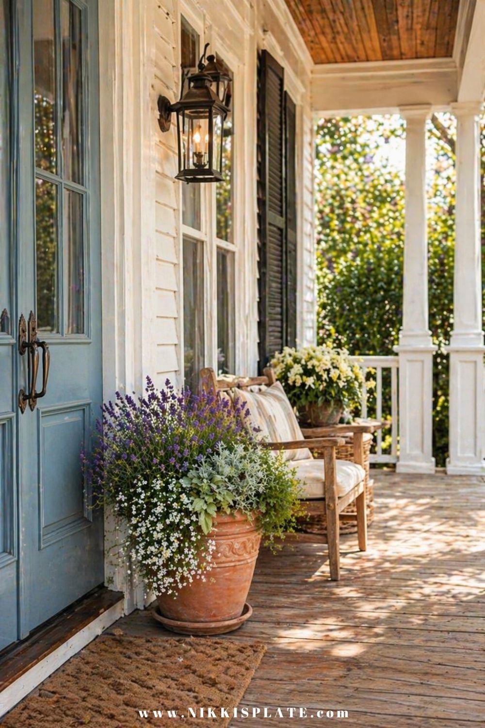 Front porch planter ideas with terracotta pot, lavender, white flowers, and greenery beside a blue front door
