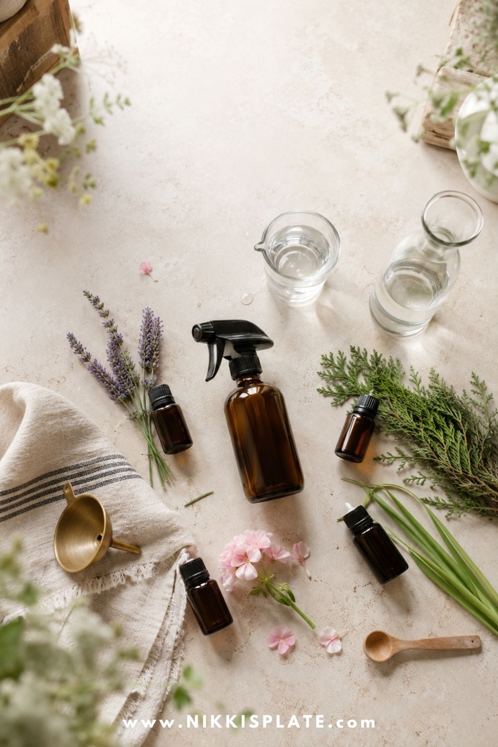 Homemade bug spray ingredients with an amber spray bottle, essential oils, witch hazel, lavender, rosemary, and cedar.