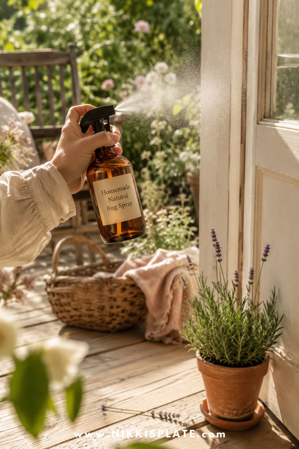 A hand spraying homemade essential oil bug spray beside a sunny farmhouse porch with lavender and summer greenery.