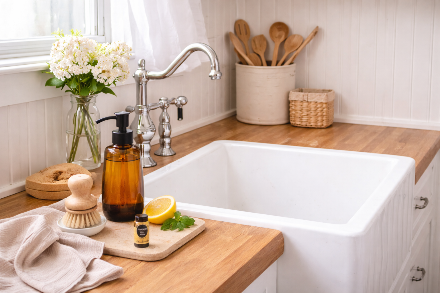 Bright modern farmhouse kitchen sink corner with an amber bottle of homemade lemon dish soap, wooden dish scrubber, lemon, and natural cleaning tools styled on a wooden countertop.