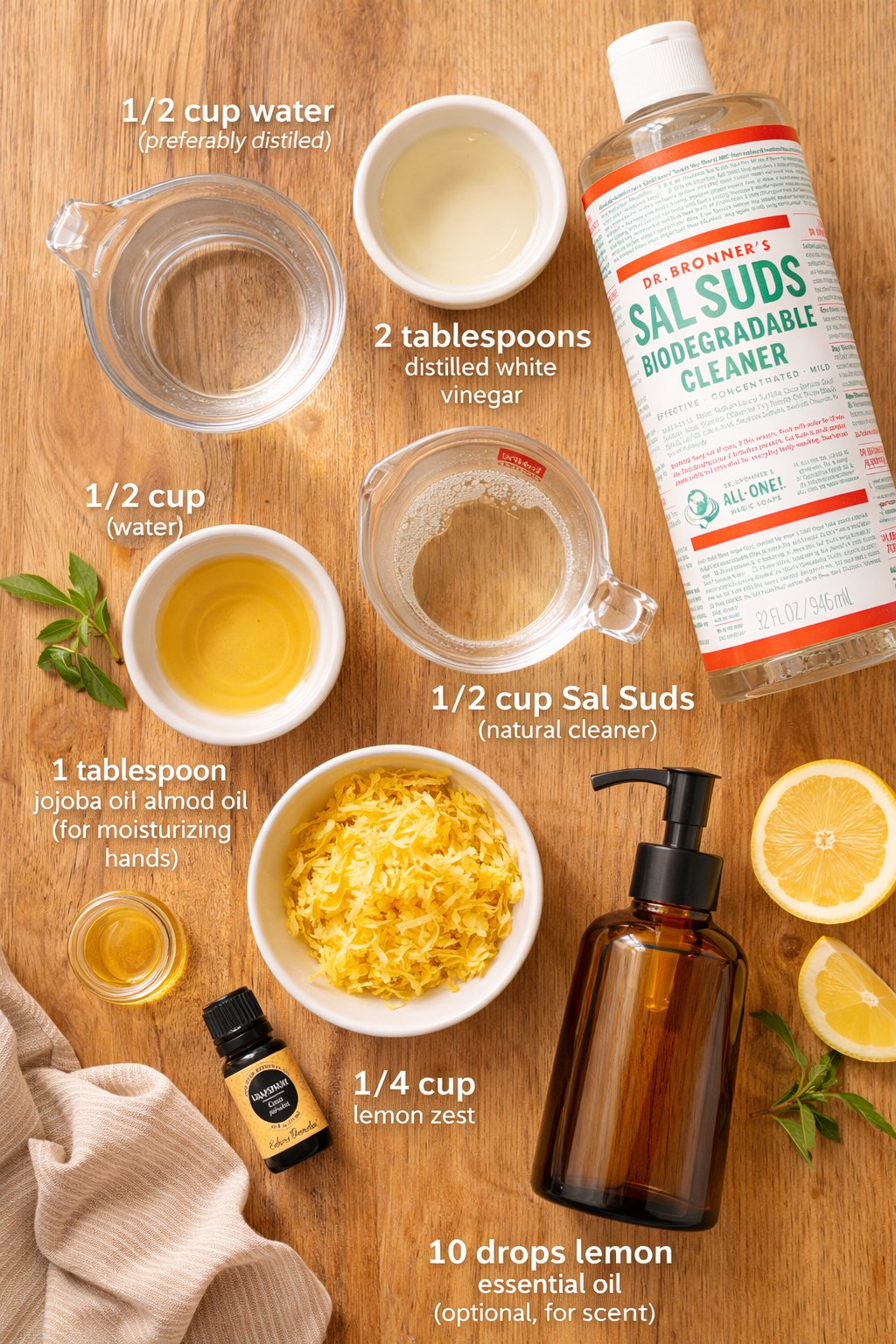 Bird's eye view of ingredients for homemade lemon dish soap including distilled water, white vinegar, Sal Suds, jojoba oil, lemon zest, vitamin E oil, and lemon essential oil arranged on a wooden surface.