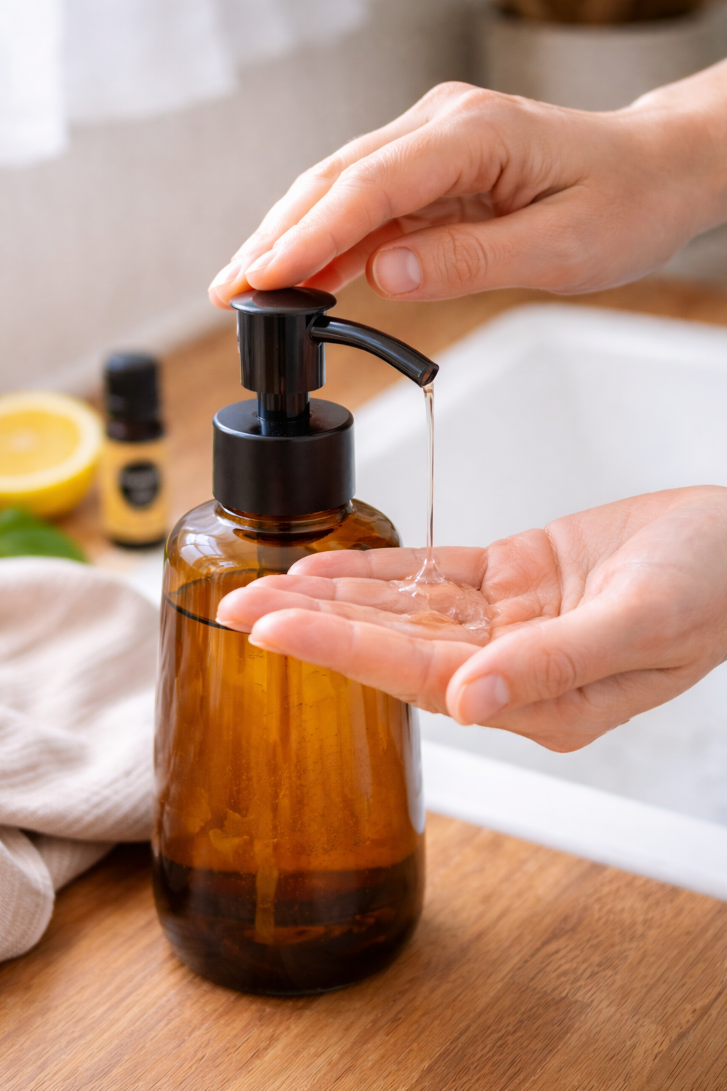 Close-up of homemade lemon dish soap being dispensed from an amber glass pump bottle into a woman's hand, showing the clear gel-like texture.
