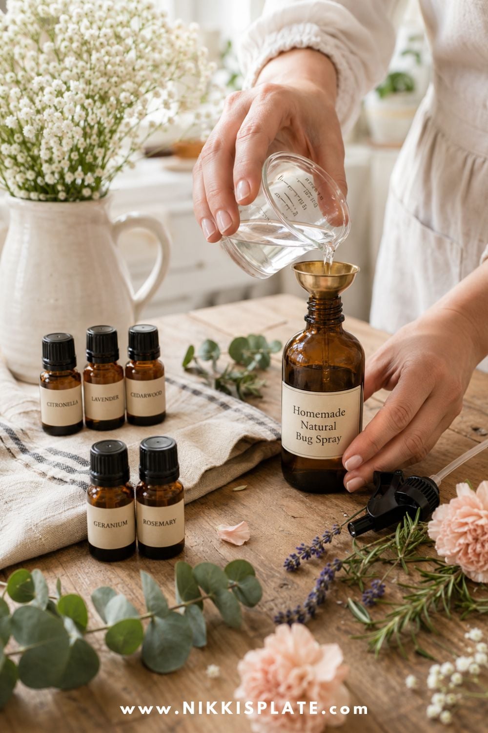 Hands pouring witch hazel into an amber bottle while making a homemade natural bug spray recipe with essential oils.