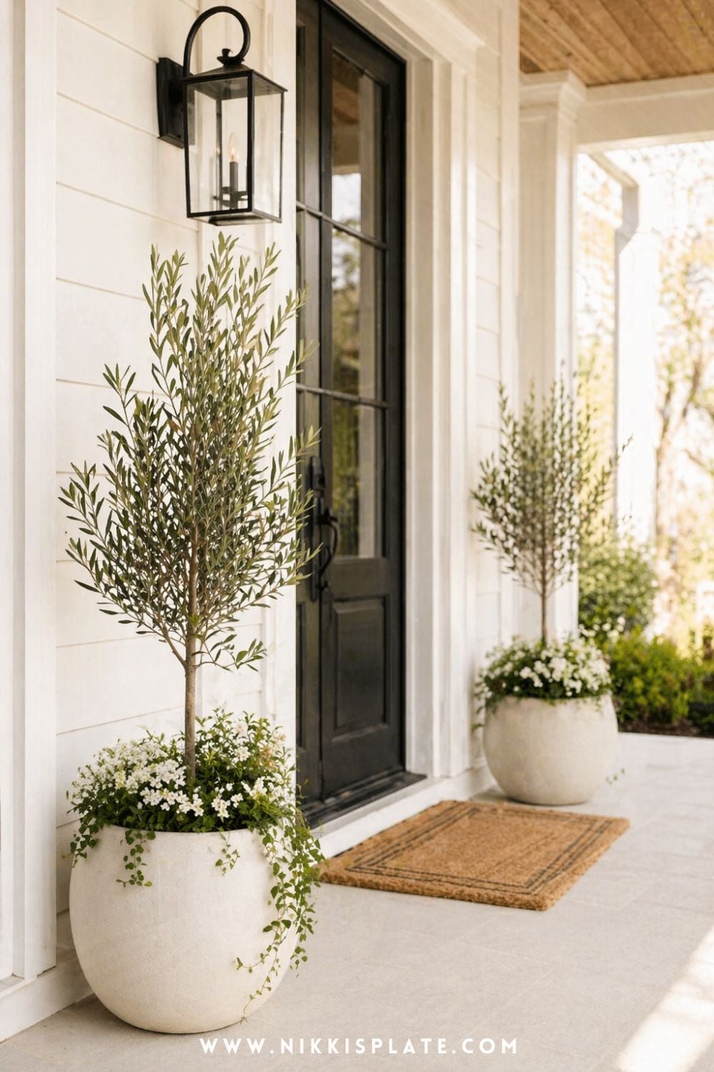 Modern front porch planter ideas with olive trees and white flowers in neutral pots by a black front door