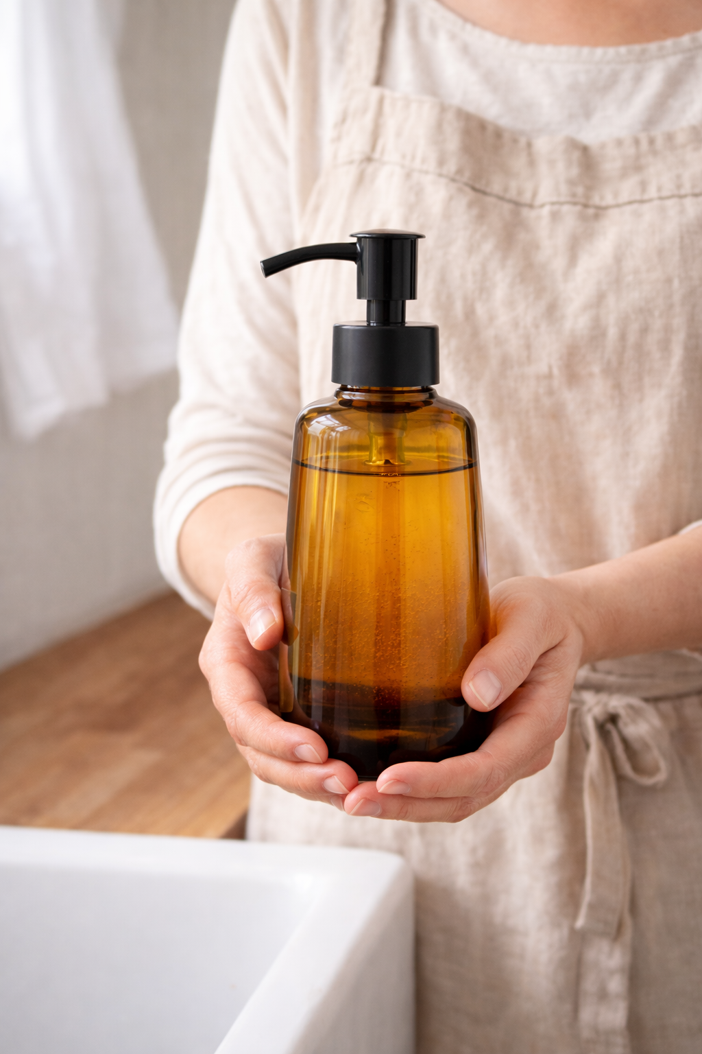 Woman holding an amber glass bottle of homemade lemon dish soap with a black pump in a minimal, neutral kitchen setting.