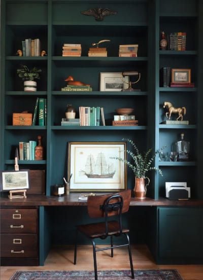 Dark Home Office Designs for a Moody Vibe; If you want to be productive, your home office should have a dark, moody design. Here's some tips to setting up a dark home office that'll make you feel inspired and relaxed while you work. {dark home office designs, dark home office, dark home offices, dark home office decor, moody home office}