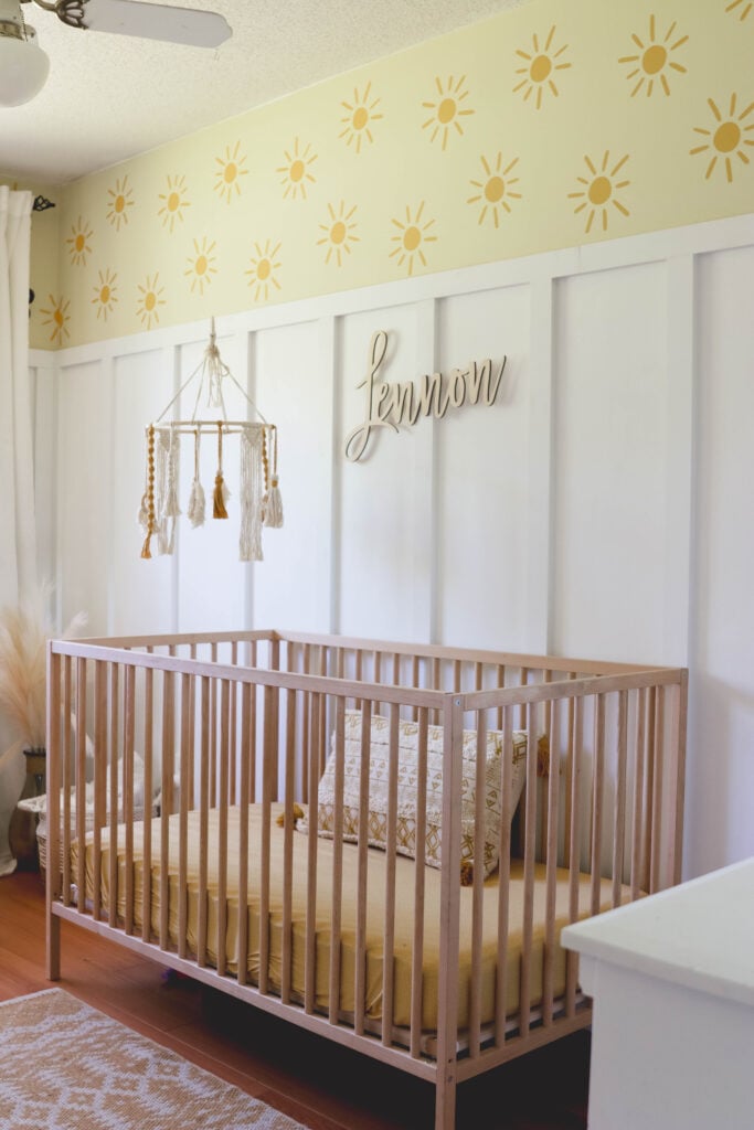 Boho Yellow Nursery with Sunshine Wallpaper (Gender Neutral); our beautiful yellow bohemian nursery design for our daughter! White board and batten, and ruttan textures!