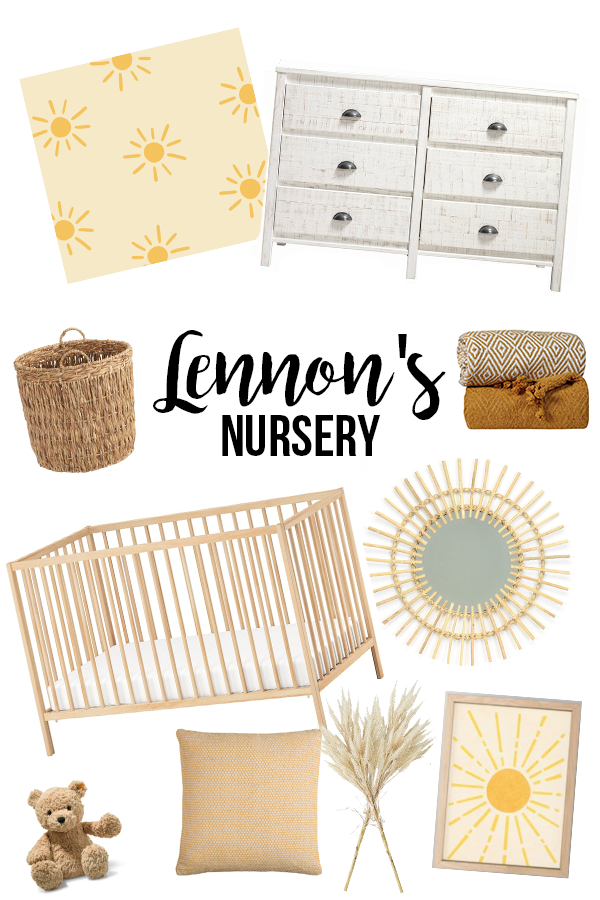 mood board for Boho Yellow Nursery with Sunshine Wallpaper (Gender Neutral); our beautiful yellow bohemian nursery design for our daughter! White board and batten, and ruttan textures!