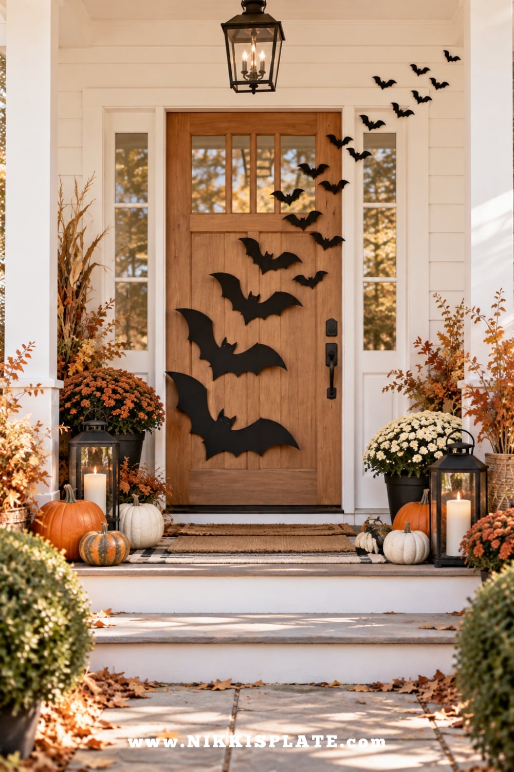 Black Halloween bats flying across a wooden farmhouse front door surrounded by pumpkins, mums and lanterns.