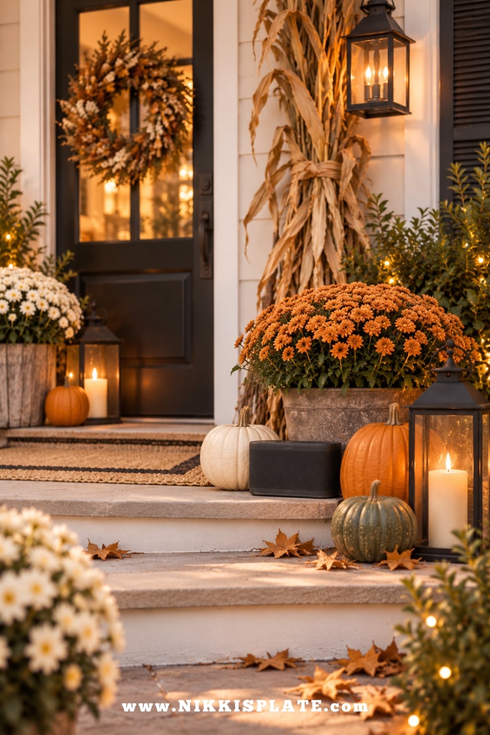 Bluetooth speaker tucked beside pumpkins, mums and glowing lanterns for outdoor Halloween sound effects.