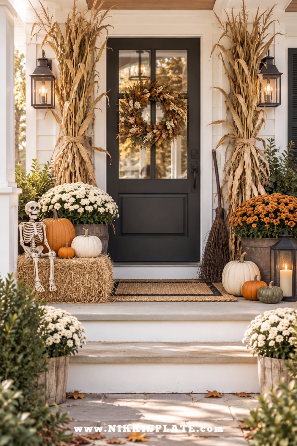 Farmhouse porch with cornstalks, hay bale, mums, pumpkins, skeleton and cozy outdoor Halloween decorations.