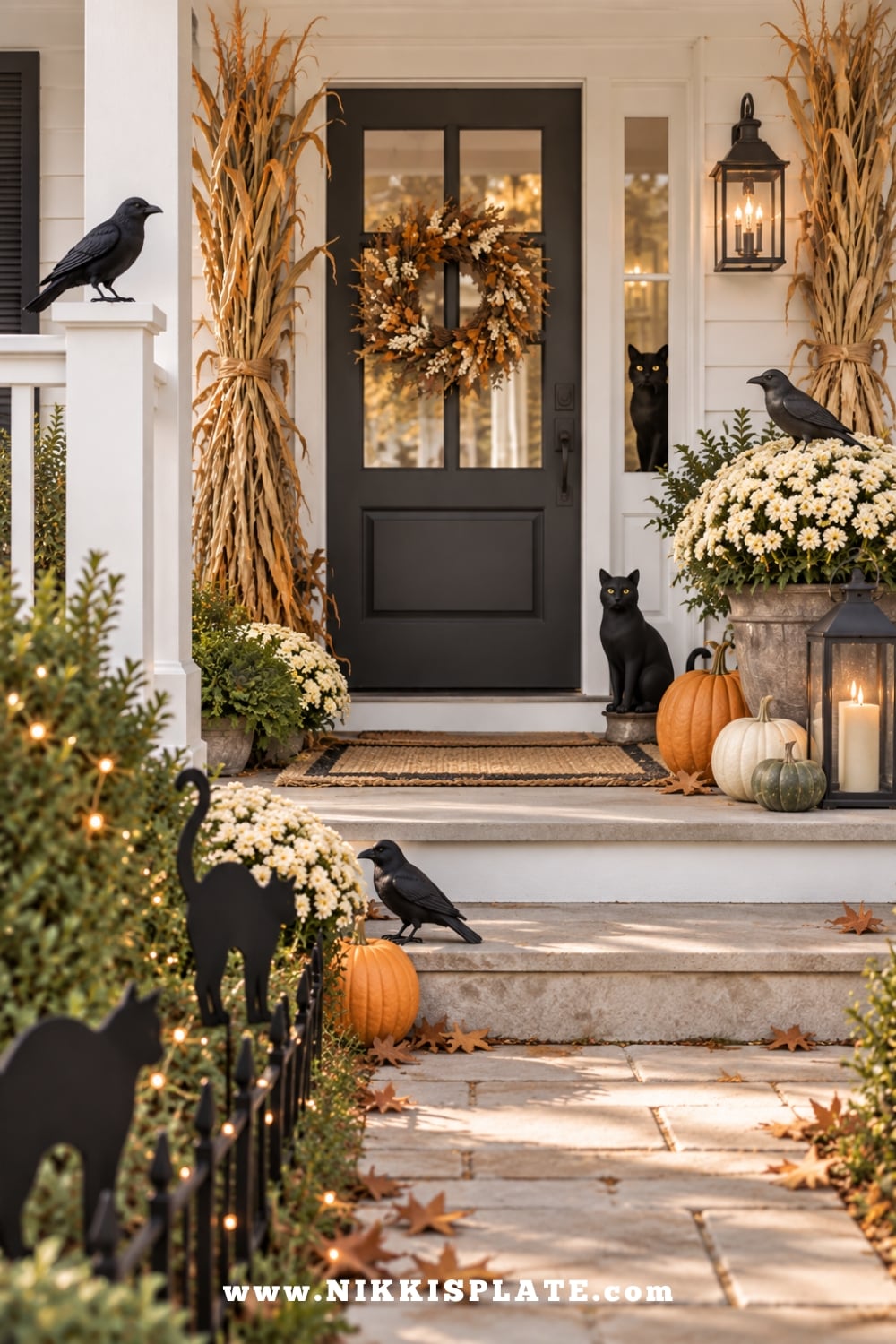 Black cat silhouettes and faux crows styled with pumpkins, mums and classic outdoor Halloween decorations.