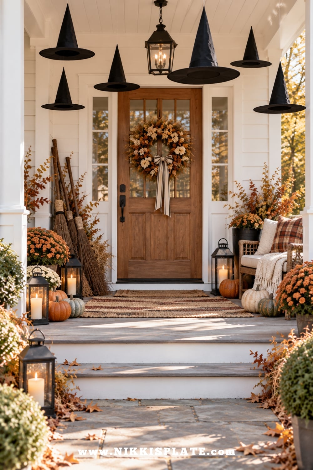 Floating black witch hats and rustic brooms decorating a cozy farmhouse porch for Halloween.