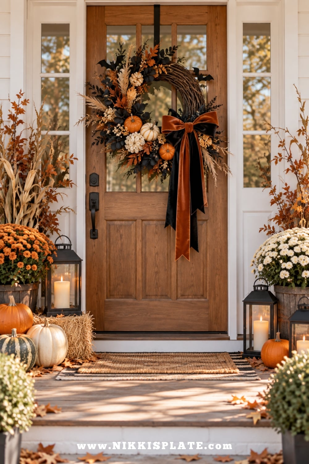 Halloween front door wreath with black foliage, mini pumpkins, dried grasses and velvet ribbon on a farmhouse porch.