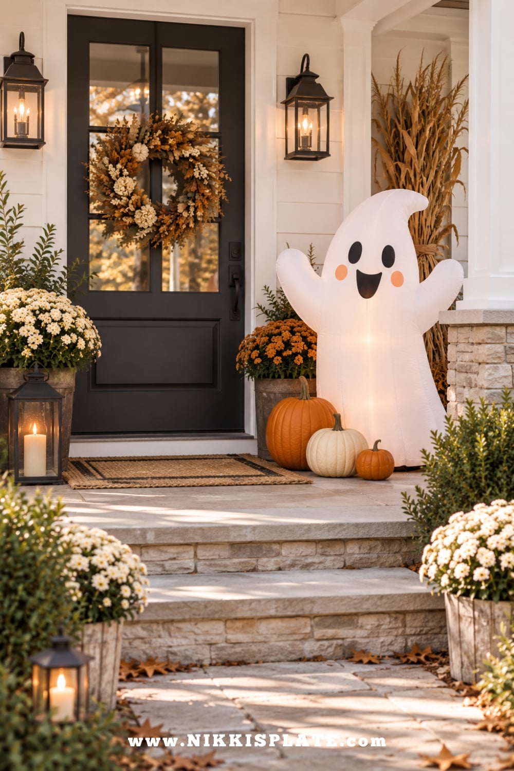 Friendly ghost inflatable surrounded by pumpkins, mums and simple farmhouse outdoor Halloween decorations.