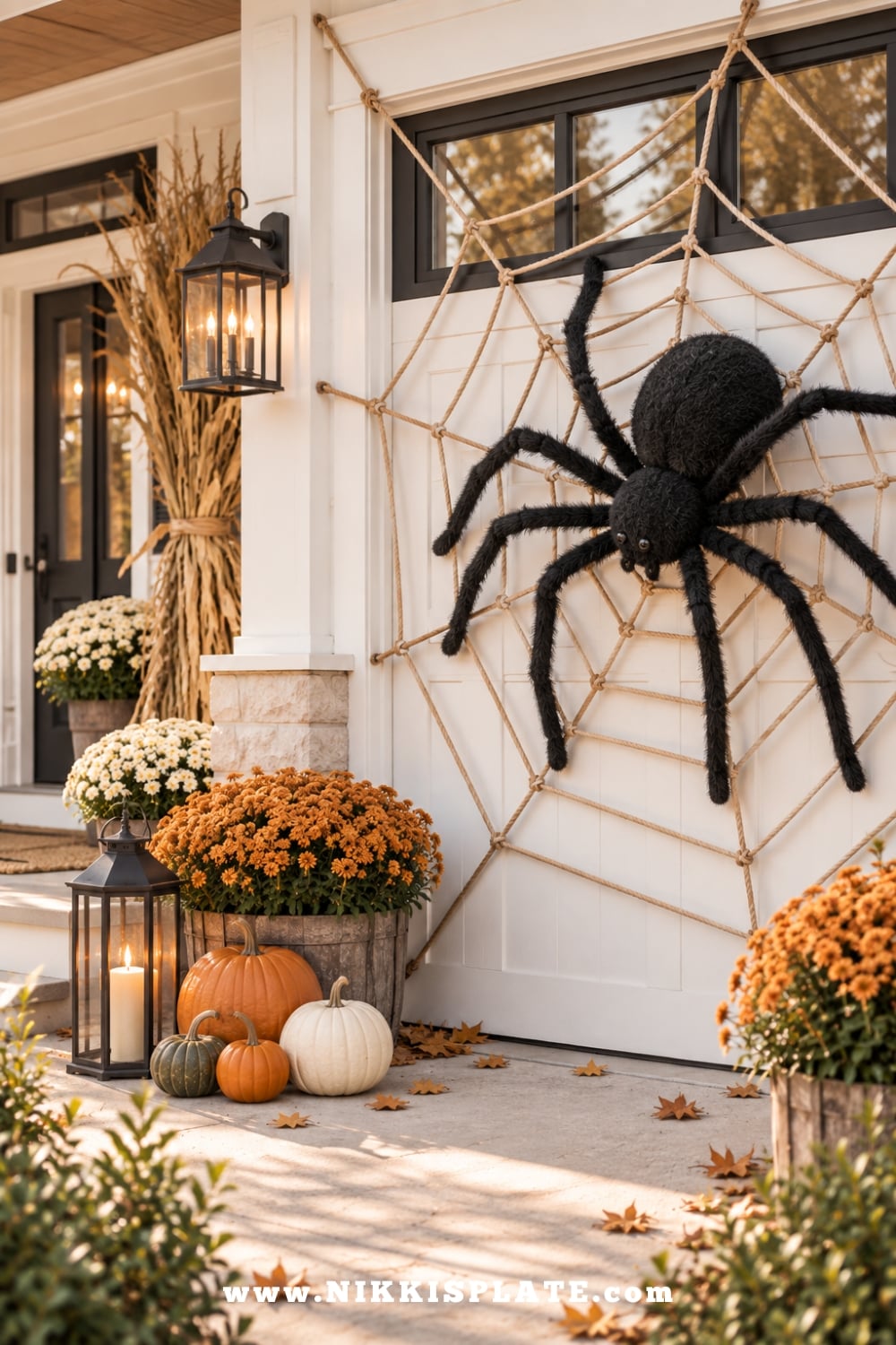 Giant black spider on a structured rope web with pumpkins, mums and farmhouse outdoor Halloween decorations.