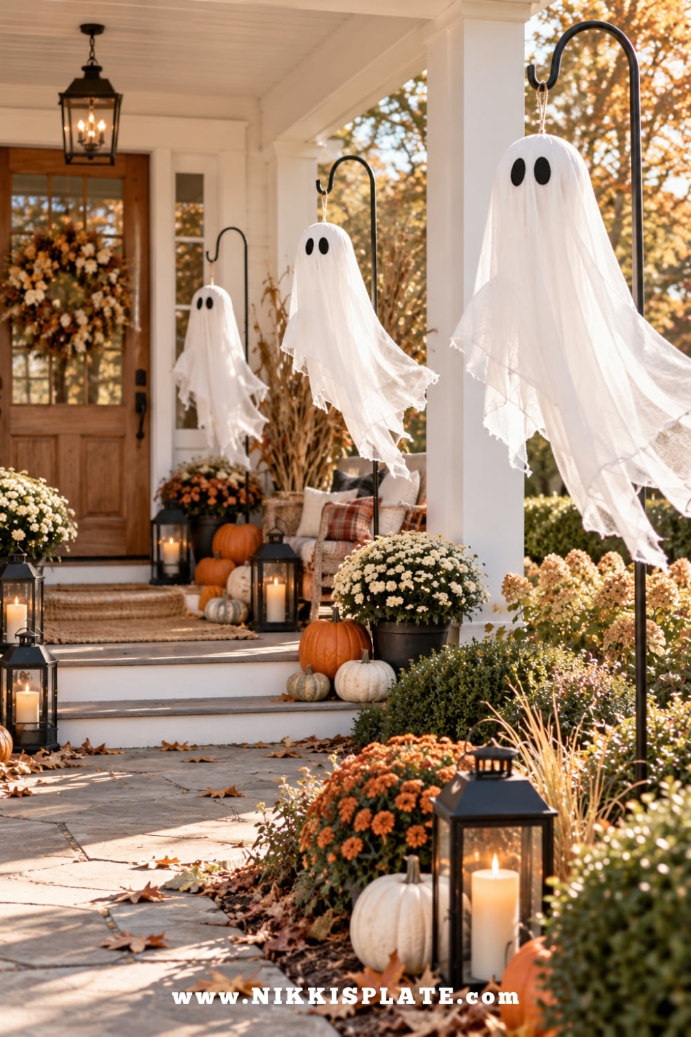 Whimsical white hanging ghosts displayed along a fall farmhouse porch with pumpkins, mums and lanterns.