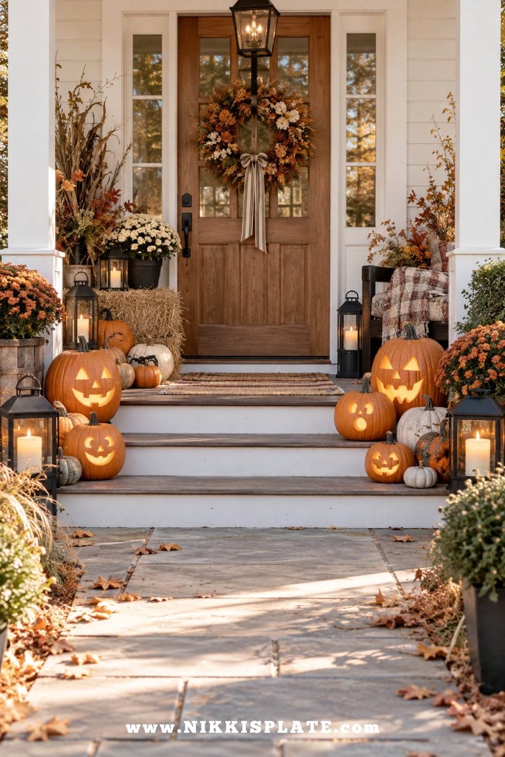 Glowing jack-o-lanterns lining farmhouse porch steps with pumpkins, mums and lanterns for outdoor Halloween decorations.