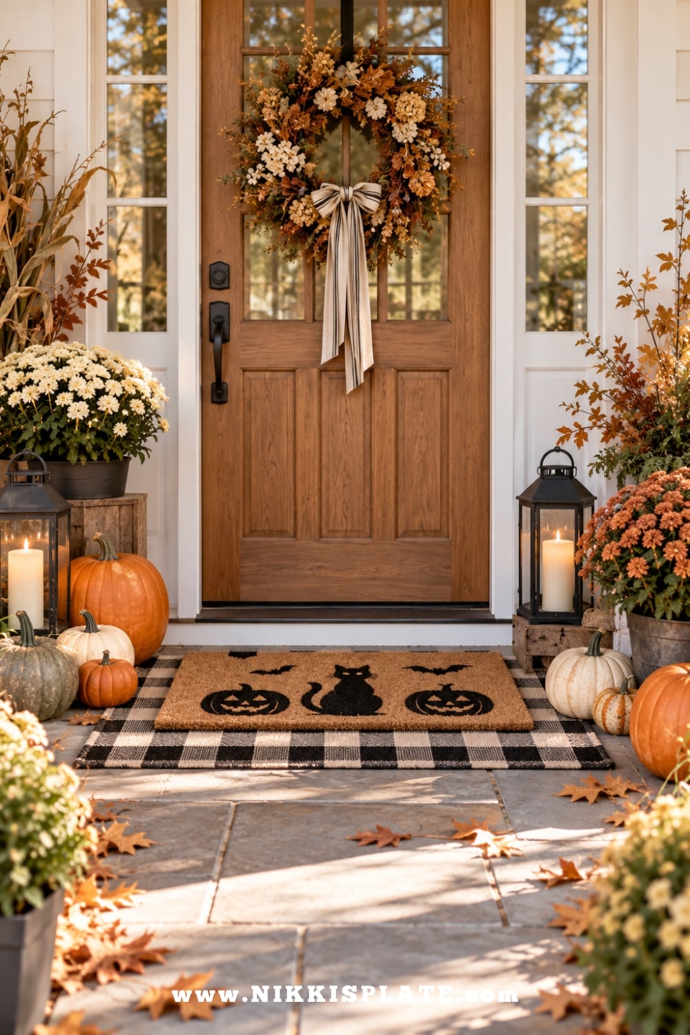 Layered Halloween doormat over a black and white check rug surrounded by pumpkins and fall porch decor.