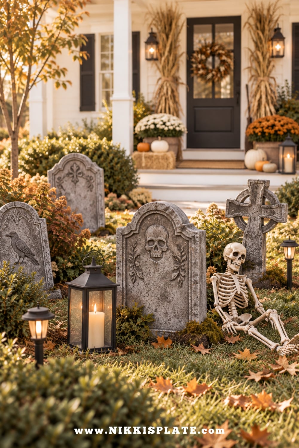 Mini front yard graveyard with staggered tombstones, skeleton, lanterns, pumpkins and fall porch decor.