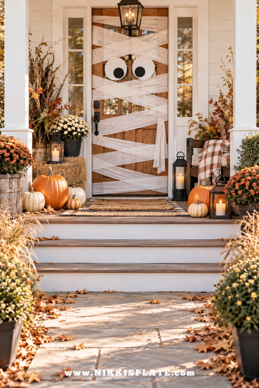 Kid-friendly mummy front door wrapped in white fabric with oversized eyes and simple fall porch decorations.