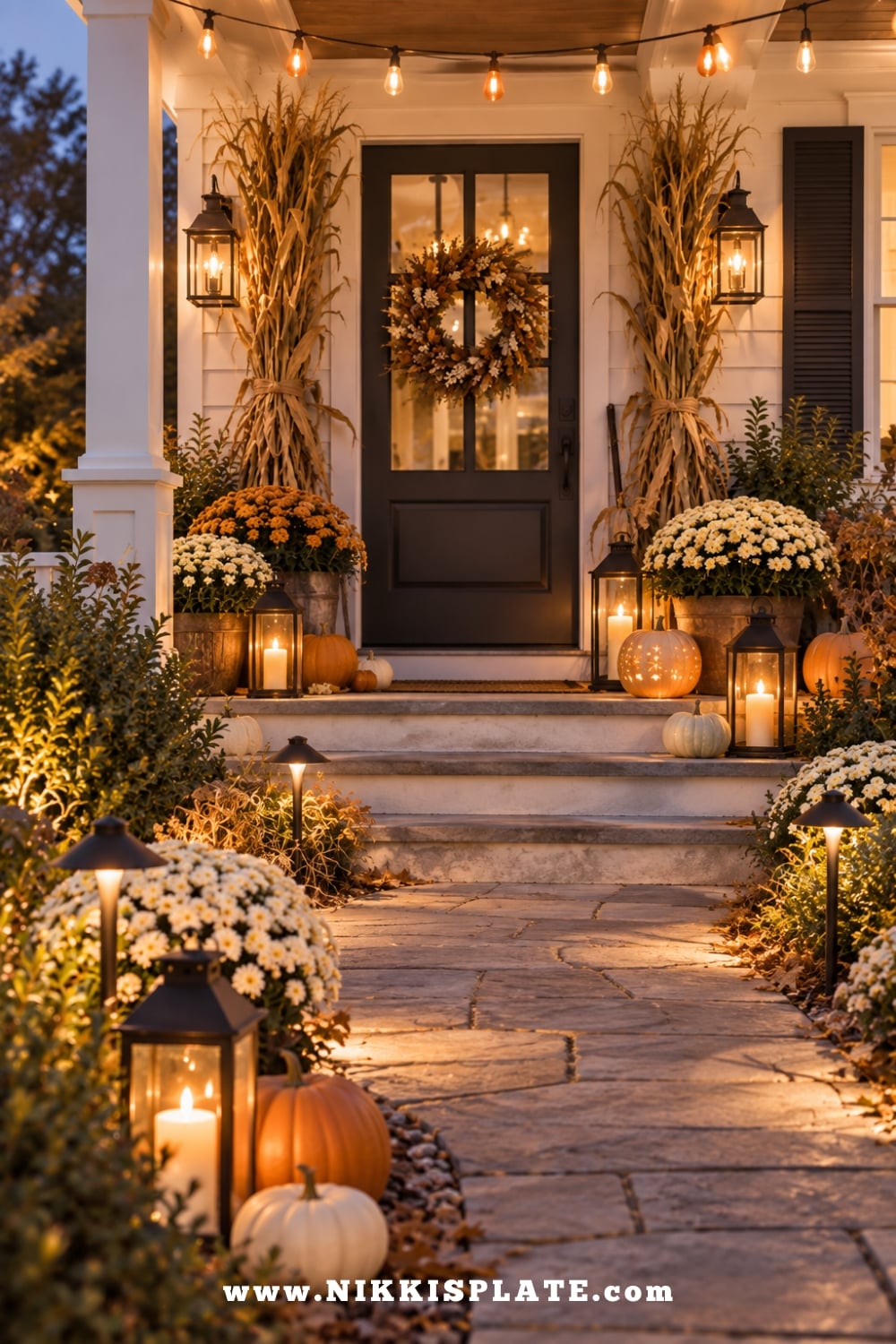 Warm outdoor Halloween lighting with string lights, pathway lights, glowing lanterns, pumpkins and mums.