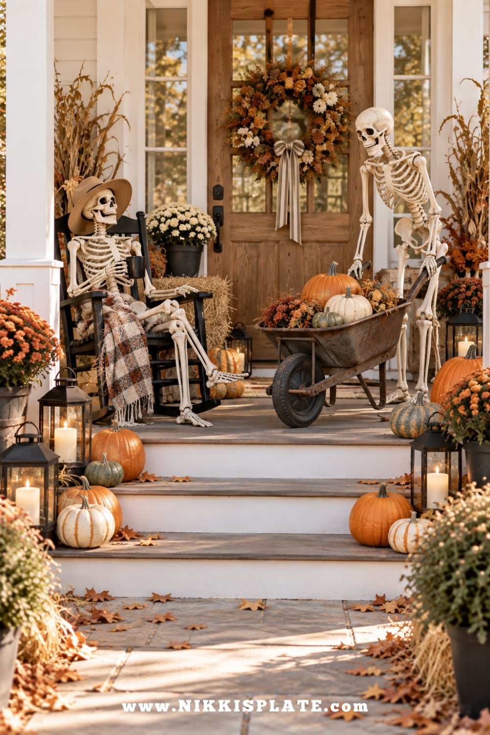Poseable skeletons creating a playful Halloween porch scene with a wheelbarrow, pumpkins and cozy fall decor.
