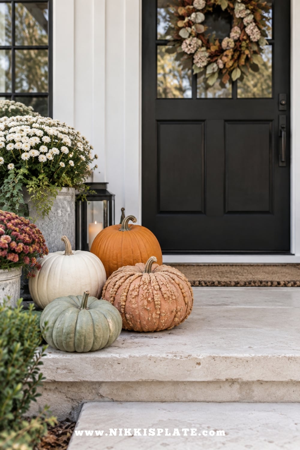Outdoor halloween decorations on a front porch with black door. Multi colored pumpkins sitting on porch.