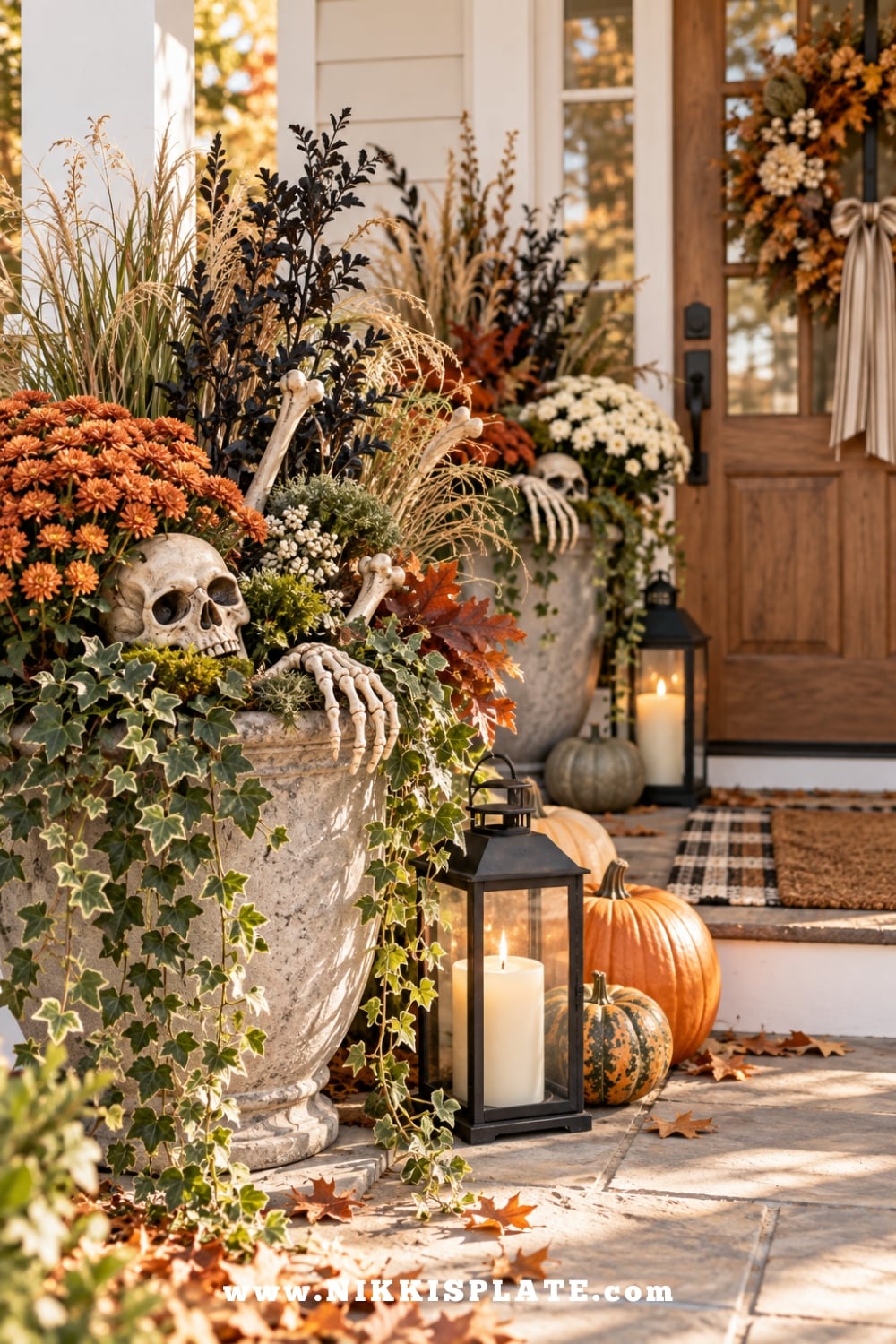 Skulls and skeleton bones tucked into fall porch planters with mums, ivy and pumpkins for spooky outdoor Halloween decorations.