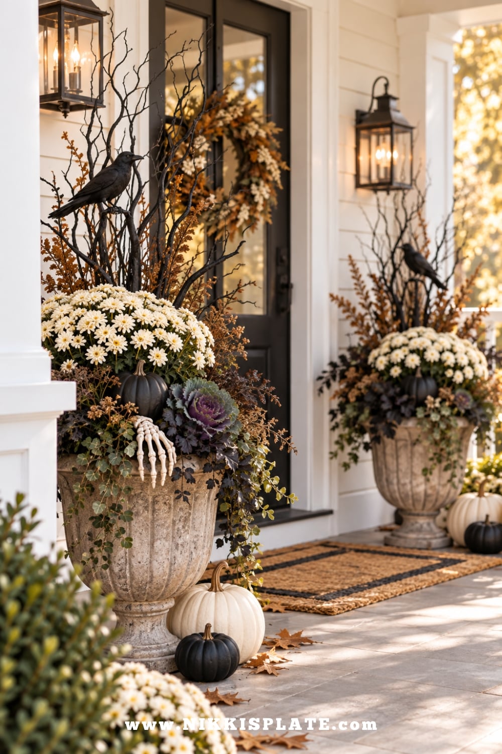 Spooky porch planters with black branches, faux crows, skeleton hands, white mums and black pumpkins.