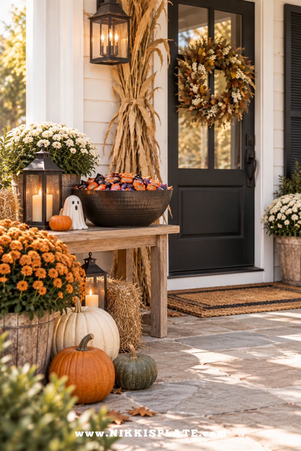Outdoor trick or treat candy station with large candy bowl, lantern, pumpkins and welcoming Halloween porch decor.