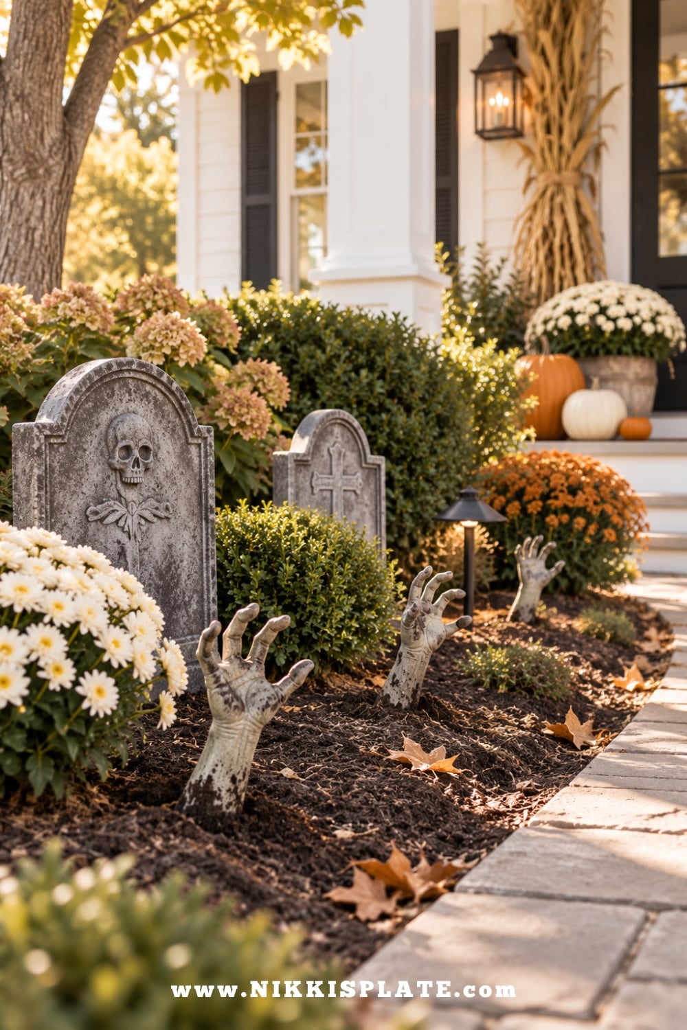 Zombie hands reaching from a landscaped garden bed beside tombstones and fall outdoor Halloween decorations.
