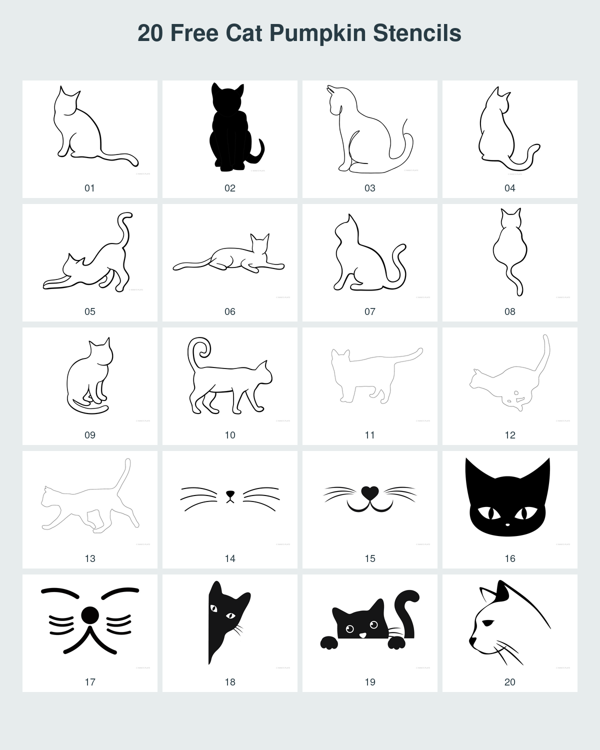 Preview grid of 20 free cat pumpkin stencils with seated cats, walking cats, cat faces and peeking kittens.