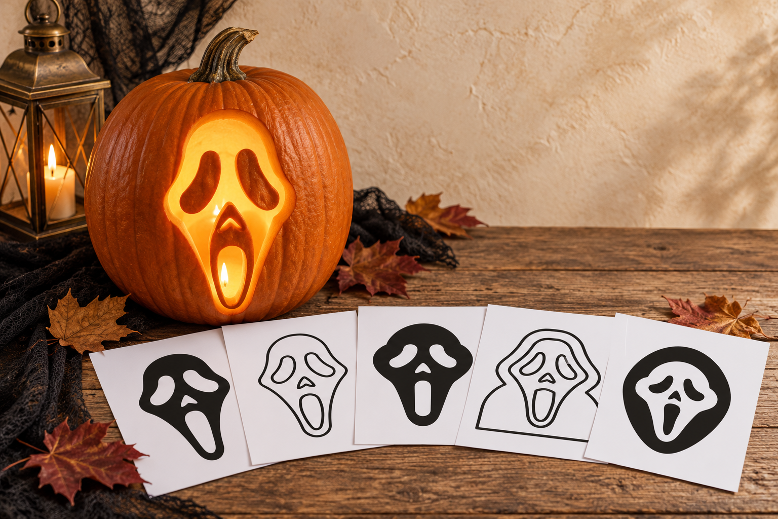 Glowing Scream-inspired carved pumpkin beside five printable pumpkin stencil pages on a farmhouse table.