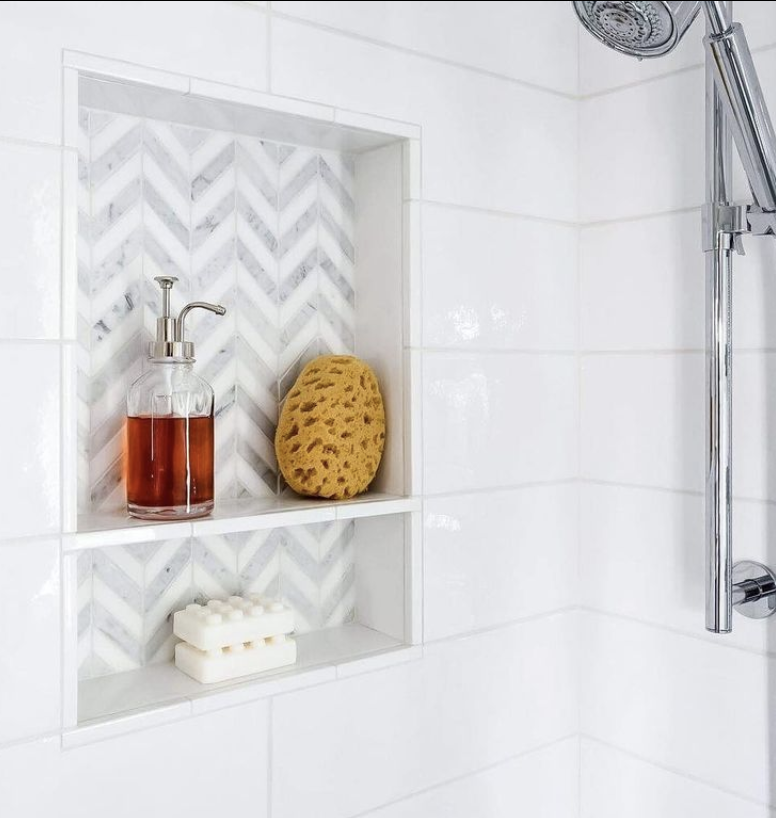 Chevron Shower Niche With Surrounding White Tile