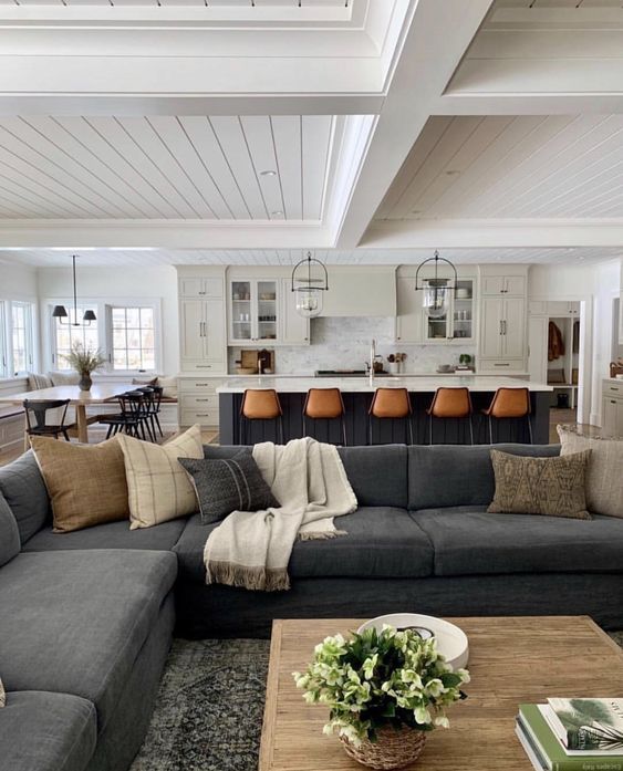 Grey Modern Farmhouse Living Room Ideas; dark grey sectional with antiques