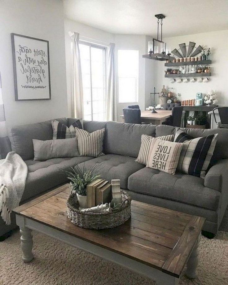 Grey Modern Farmhouse Living Room Ideas; antique furniture with grey couch